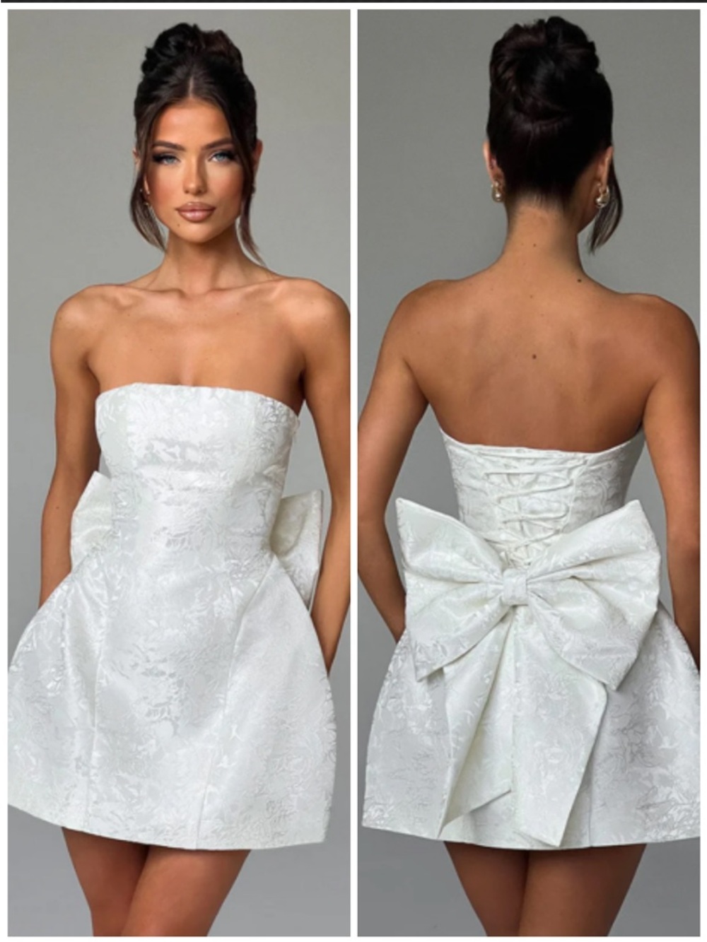 Strapless White Jacquard Bow-Back Mini Dress